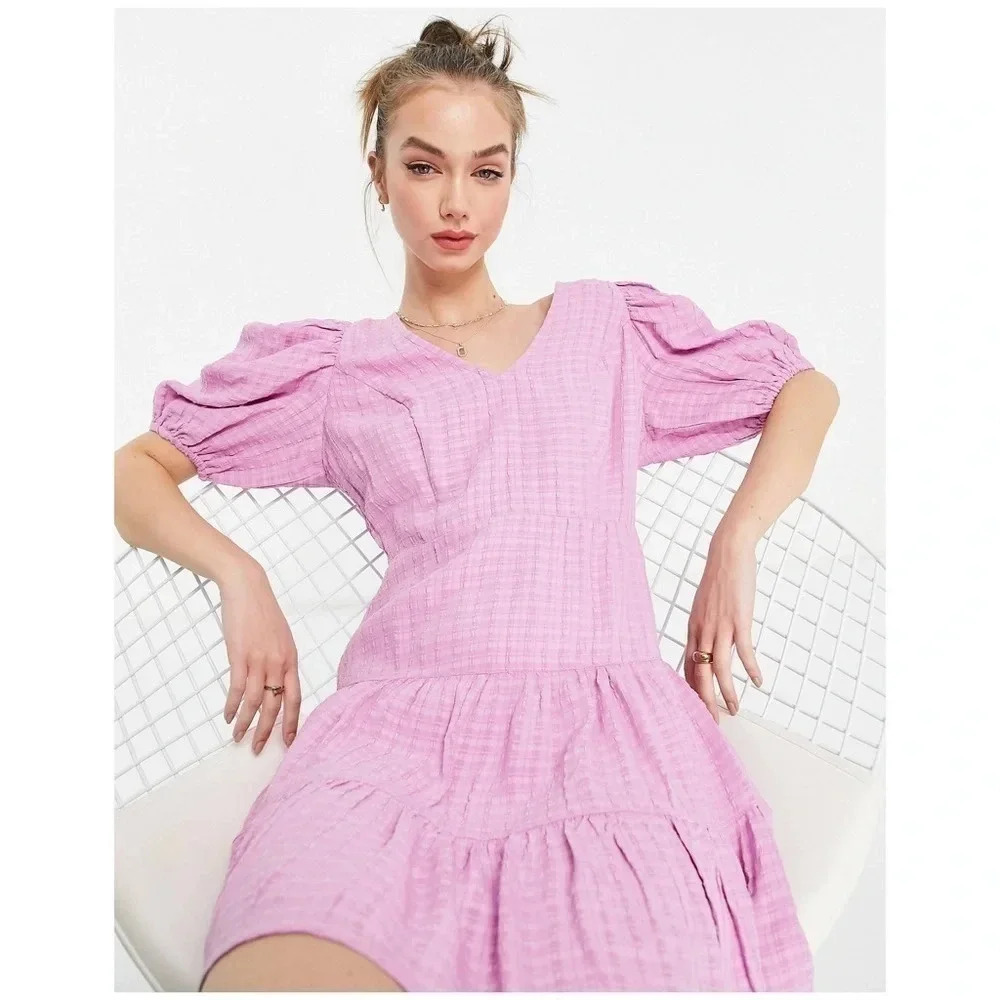 French Connection Birch Gingham Puff Sleeve Dress in Lavender - Size L US 10